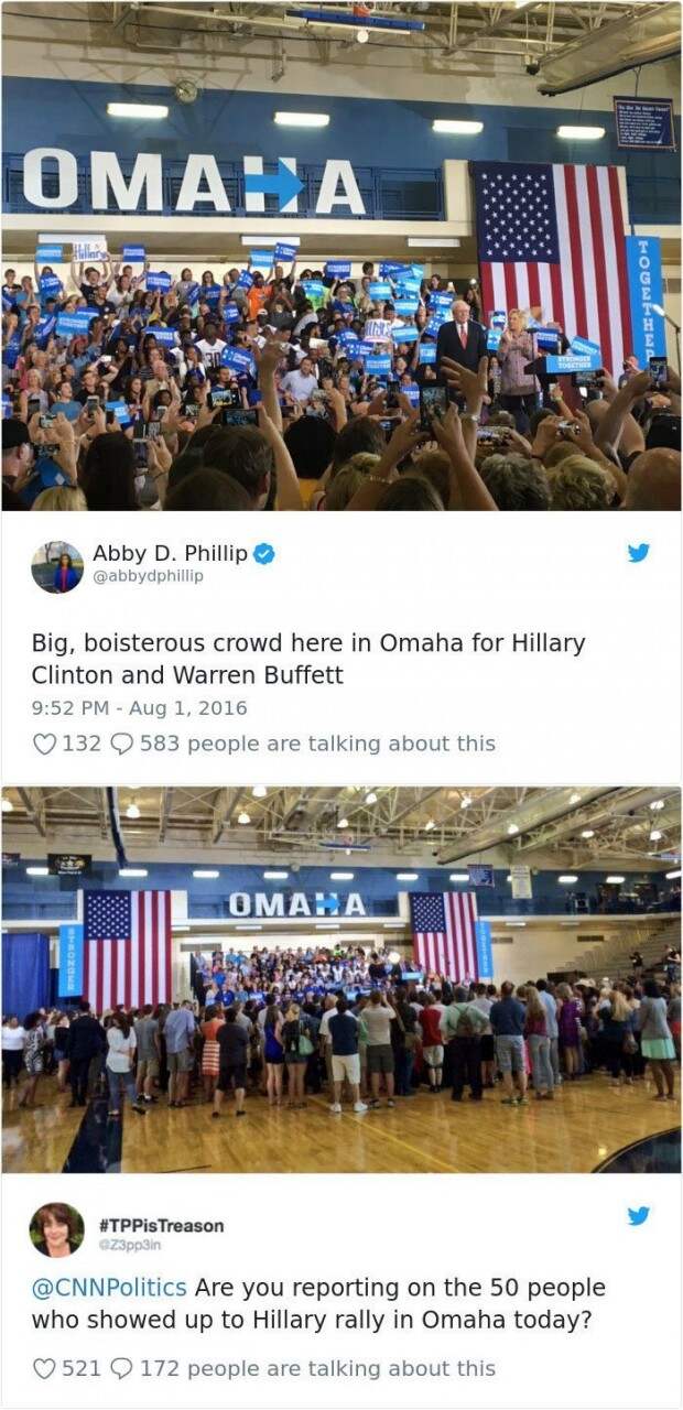Хиллари Клинтон приветствует своих сторонников в Омахе media, все дело в фокусе, манипулирование, новости наша профессия, познавательно, с какой стороны посмотреть, сми, фотографии