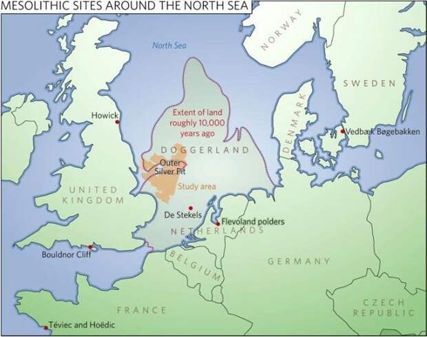 Предположительный вид Доггерленда на карте Европы. /Фото: naturalishistoria.files.wordpress.com