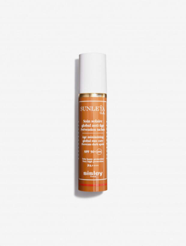 Глобальный антивозрастной солнцезащитный крем Age minimizing global sun care SPF 50+, Sunleya G.E., Sisley имеет водостойкую формулу, которая содержит пептиды сои, экстракты белой ивы, пшеницы однозернянки, зерен укропа, масла ши. Средство защищает кожу от UVA/UVB-лучей, борется с фотостарением и образованием пигментных пятен, обезвоживанием и ослаблением упругости кожи
