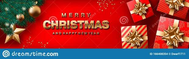 Vector website header or banner Christmas template with red background. Realistic Christmas tree branch with lights, decorations, gifts with a golden bows, confetti.