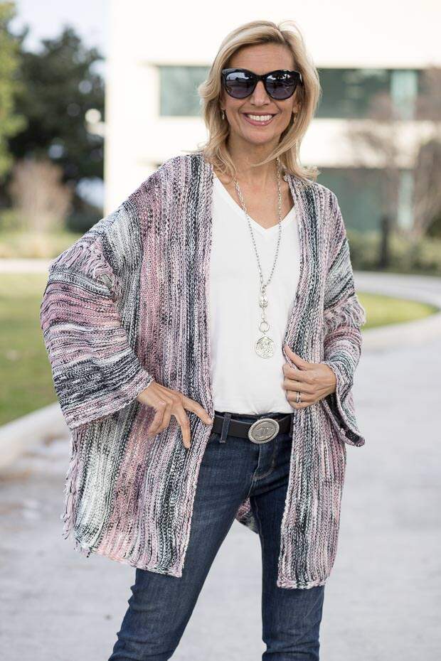 womens pink gray black cardigan with fringe detail