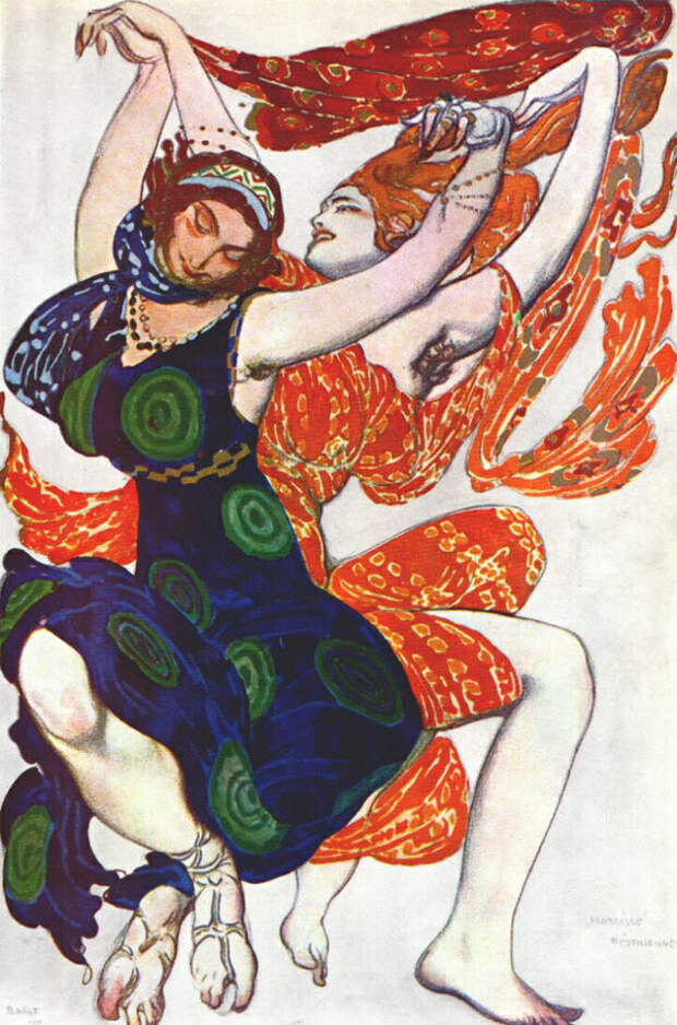 Две беотийки. Эскиз костюмов к балету Н. Н. Черепина «Нарцисс». 1911. Акварель, гуашь 