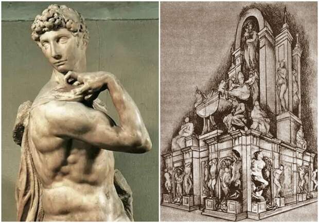 Слева направо: Гений победы, Микеланджело, XVI век. \ Гробница Юлия II (второй проект 1513 года).