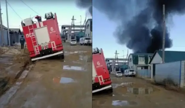 В Якутске пожарная машина застряла на дороге недалеко от горящего здания