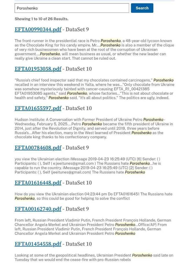 Порошенко упоминается в 26 файлах по делу Эпштейна, согласно поиску на сайте