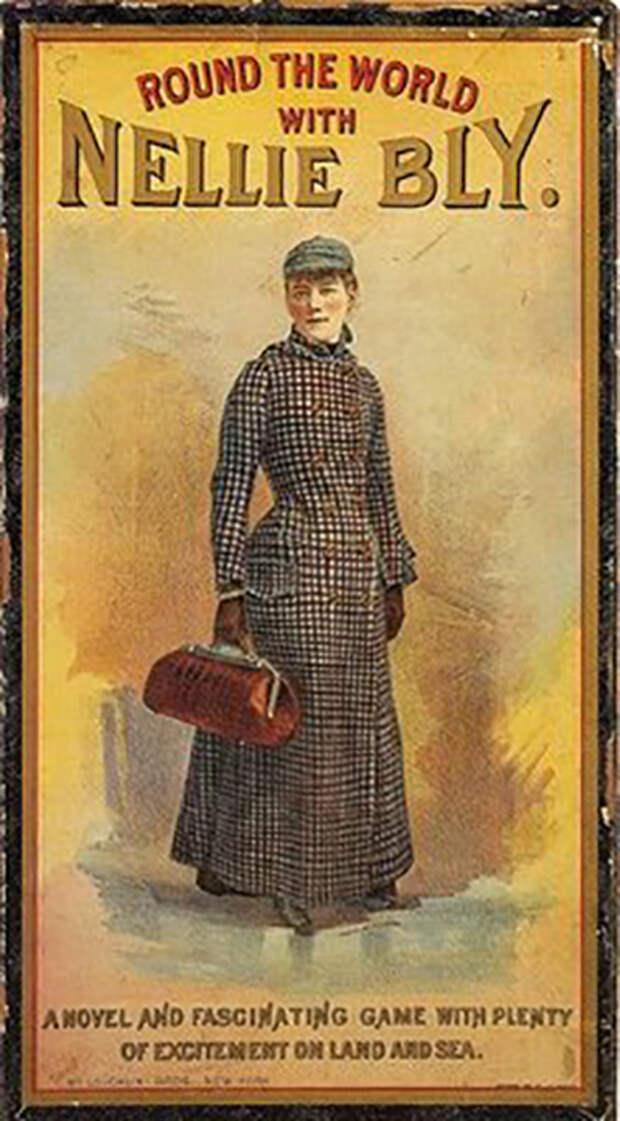 Обложка настольной игры 1890 года *Путешествие вокруг свет с Нелли Блай*.