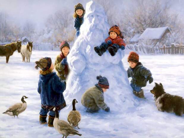 Зимние забавы! дети, животные, зима, картины