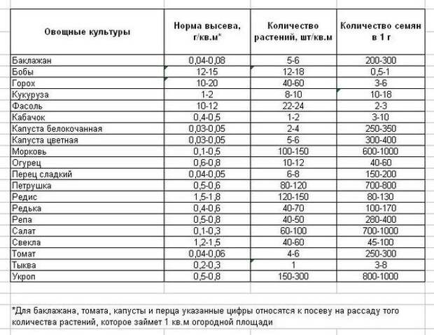 Нормы высева семян огородных культур и количество семян в грамме