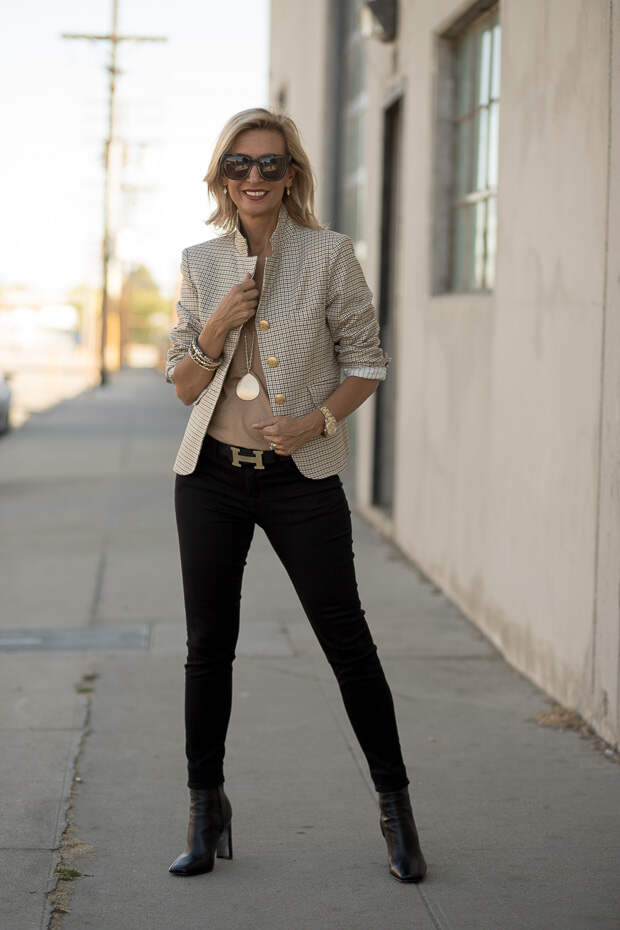 Camel V kneck long sleeve top styled with a classic womens houndstooth blazer