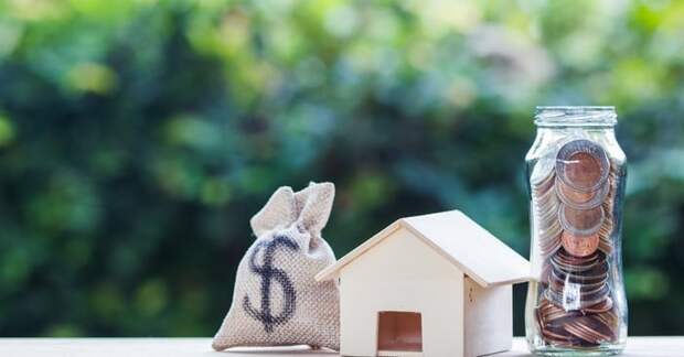 money bag, house, and jar of coins