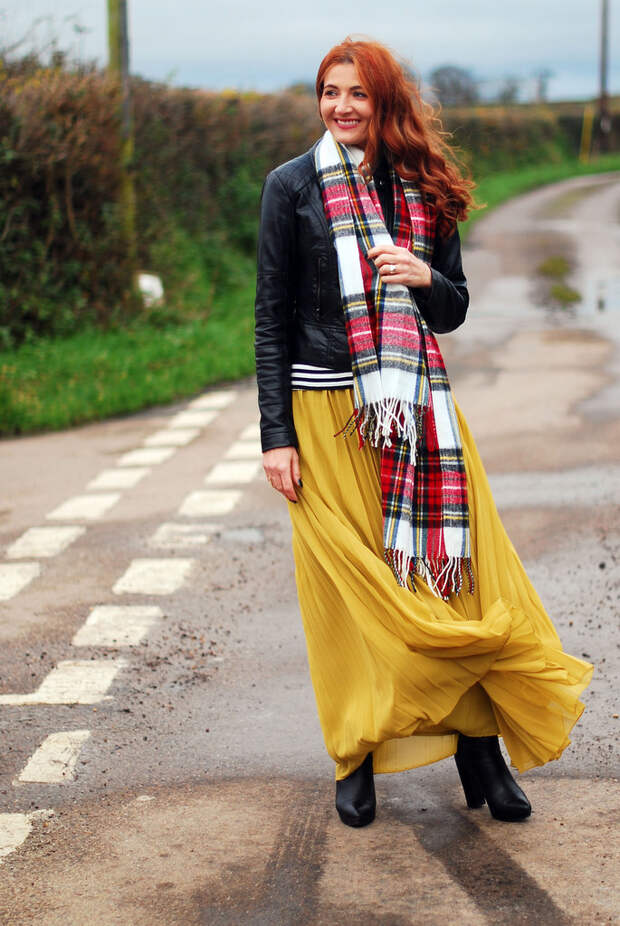 Biker jacket with tartan scarf and yellow maxi skirt