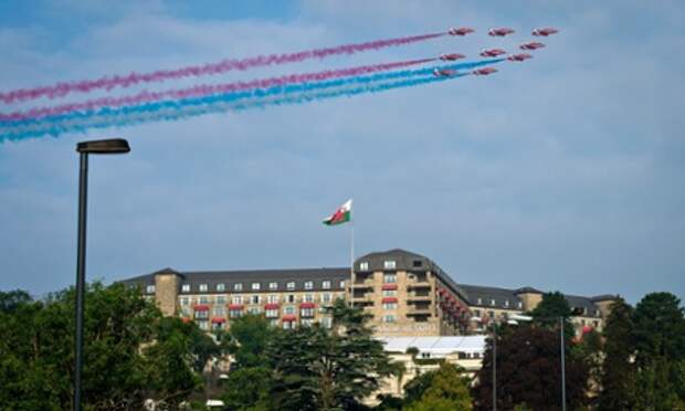 The Red Arrows flypast the Celtic Manor resort.