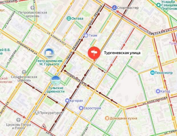 В Туле утром 5 марта пробки на улицах Тургеневской, Пушкинской, Советской и проспекте Ленина