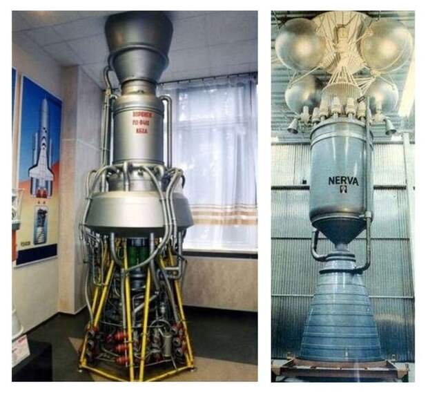 Слева - советский ЯРД (ядерный ракетный двигатель) РД-0410, справа - американский ЯРД "Nerva"