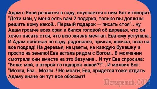 Бог подарил невероятную способность. Анекдот про Адама и Еву. Анекдот про Адама и Еву про мозги. Анекдот о Еве и Боге.