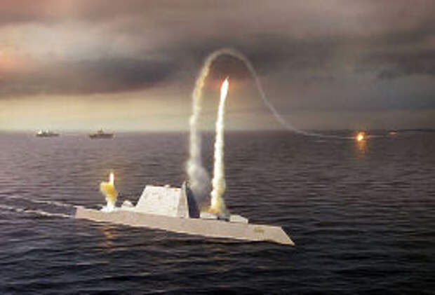 Эскиз: пуск ракет с вертикальных шахт эсминца Zumwalt