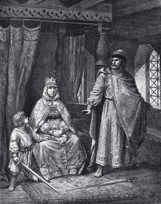 Изяслав защищает мать от Владимира. На самом деле, поскольку князь только что ночевал в постели Рогнеды, они оба должны быть одеты совсем не так плотно. Изяслав защищает мать от Владимира. На самом деле, поскольку князь только что ночевал в постели Рогнеды, они оба должны быть одеты совсем не так плотно.