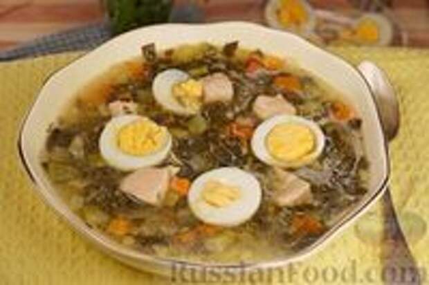 Фото к рецепту: Щавелевый суп с кабачками и курицей