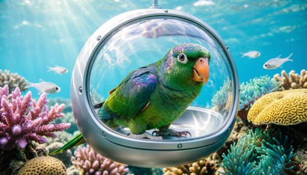 Попугай в самодельной субмарине исследует подводный мир