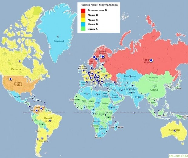 Карта размера груди по странам