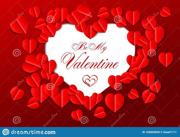 Dark red Be My Valentine card vector template with 3D red paper cutout hearts. Cute card, banner, flyer, poster, voucher or greeting card.