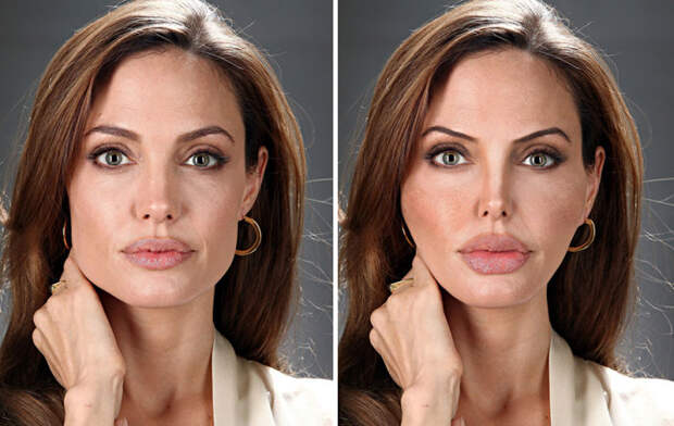 Так изменилось бы лицо известной актрисы Анджелины Джоли (Angelina Jolie), если бы она сделала несколько пластических операций.