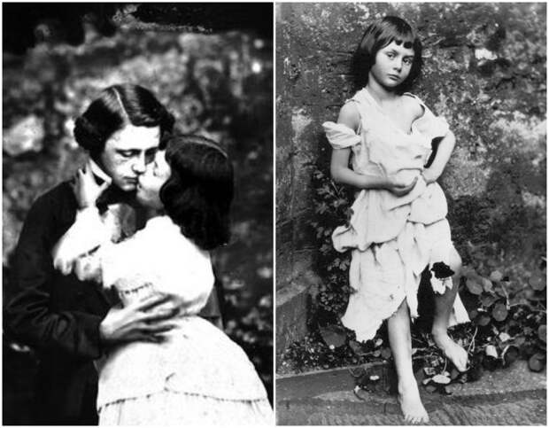 Фотография Льюиса Кэрролла, целующего Алису Лидделл (слева). \ И провокационная фотография Алисы в костюме нищей горничной (справа). 
