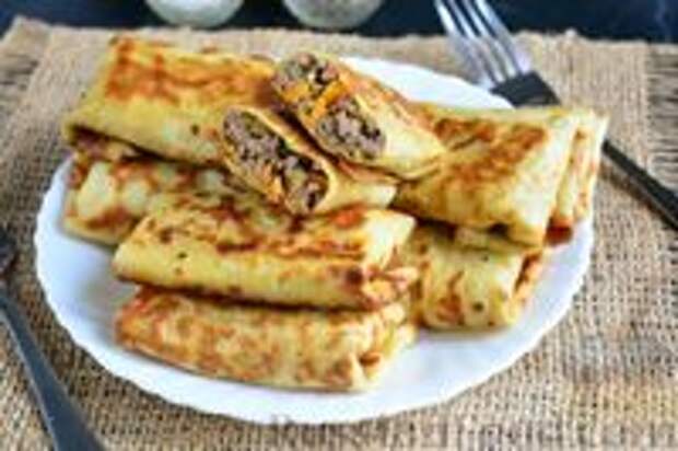 Фото к рецепту: Блины, фаршированные куриной печенью (на сковороде)