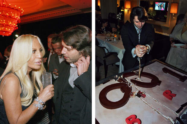 Слева: Николай Усков с главой дома Versace Донателлой Версаче во время приема Samsonite в рамках Supreme Luxury. Прием проходил в отеле Ritz Carlton в Москве, ноябрь 2007 года / справа: Николай Усков разрезает торт во время церемонии награждения «GQ 100 самых стильных» в ресторане GQ Bar, 20 февраля 2008 года