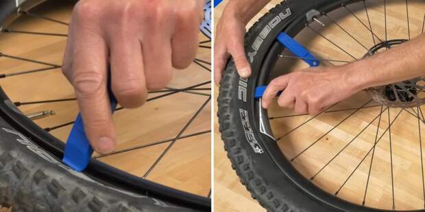 Засуньте монтажки между ободом и покрышкой Засуньте монтажки между ободом и покрышкой