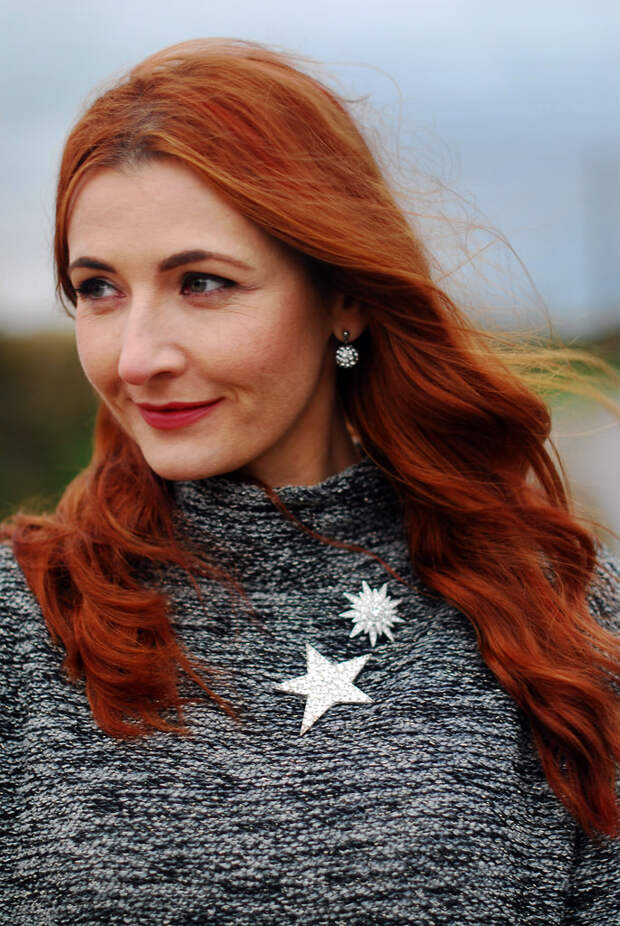 Grey sweater dress, crystal brooches