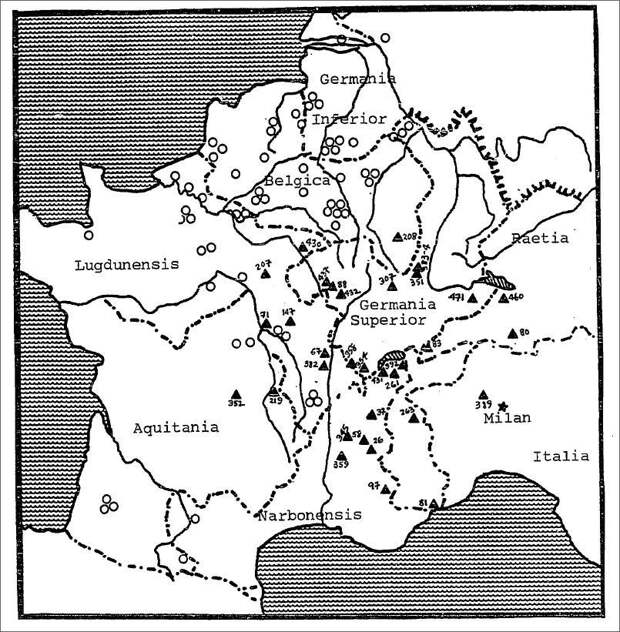 Карта кладов, датируемых периодом правления Галлиена (254–268 годы) - Германские войны: крушение лимеса | Военно-исторический портал Warspot.ru
