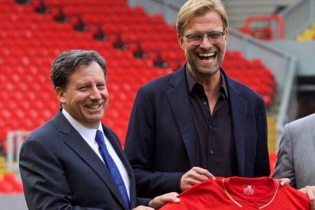 LIVERPOOL, ENGLAND - Friday, October 9, 2015: Liverpool's co-owner and NESV Chairman Tom Werner [L], Managing Director Ian Ayre [R] and new manager Jürgen Klopp during a photo-call at Anfield. (Pic by David Rawcliffe/Propaganda)