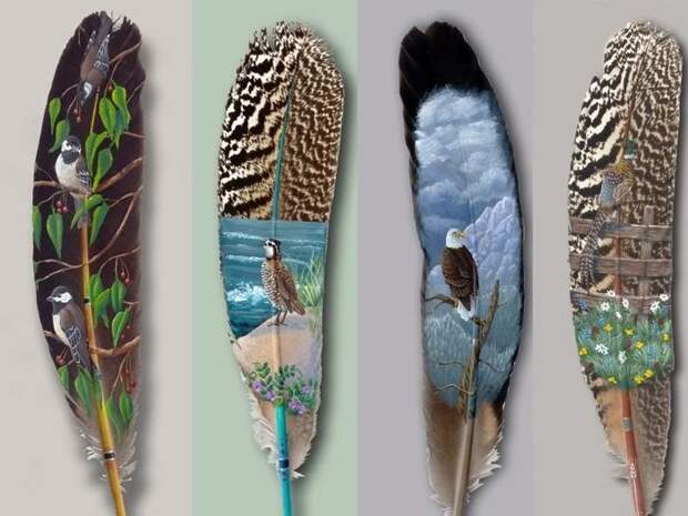 Удивительные рисунки на птичьих перьях перья птиц, рисунки, своими руками