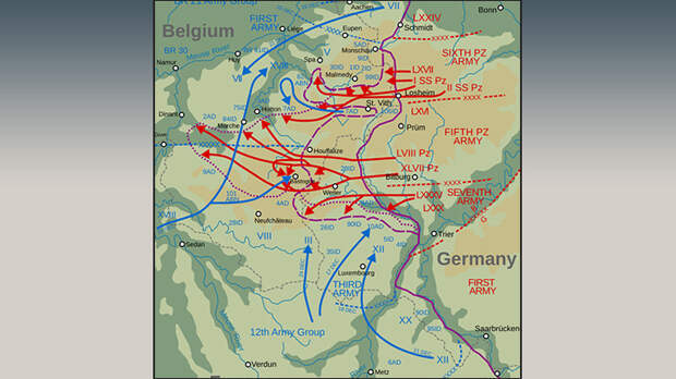 ТАК РАЗВИВАЛОСЬ НЕМЕЦКОЕ НАСТУПЛЕНИЕ В ДЕКАБРЕ 1944 ГОДА. ИСТОЧНИК:COMMONS.WIKIMEDIA.ORG
