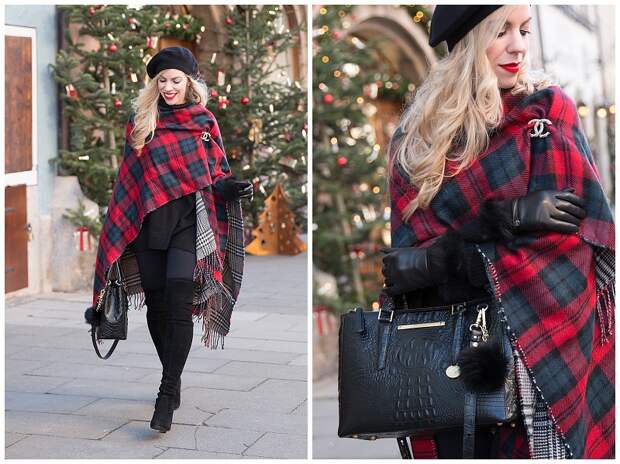 black-cashmere-beret-red-plaid-ruana-with-chanel-gold-brooch-brahmin-small-lincoln-satchel-black-melbourne-ugg-quinn-fur-cuff-gloves-how-to-wear-plaid-ruana