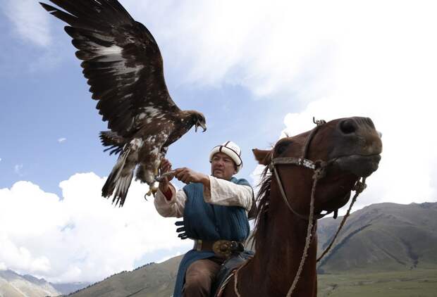 KYRCHYN GORGE, KYRGYZSTAN - SEPTEMBER 6: A man handles an eagle at the World Nomad Games on September 6, 2016 in Kyrchyn Gorge, Kyrgyzstan. Kyrgyzstan is hosting the second World Nomad Games dedicated to the sports of Central Asia. Over 40 countries are taking part. (Photo by Olivia Harris/Getty Images)