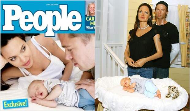 Стоимость первых снимков дочери Джоли и Питта составила десять миллионов долларов. На втором фото - восковая копия Шайло и ее родителей в музее мадам Тюссо