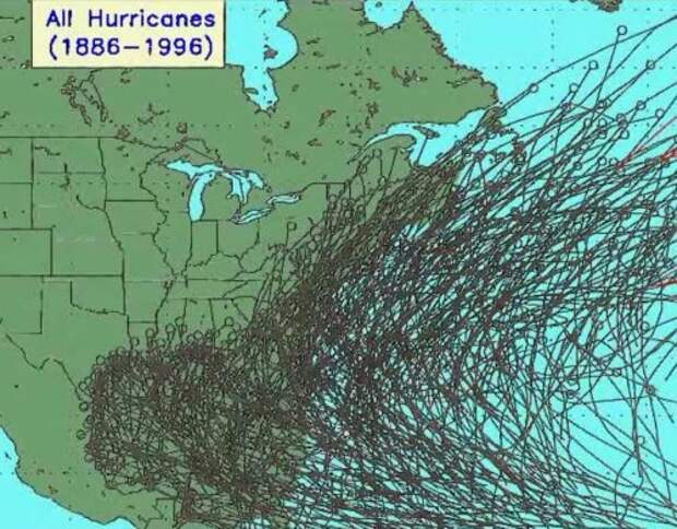 Карты траекторий ураганов на Ю-В США в период с 1886 по 1996 гг.