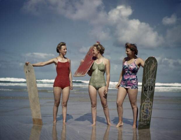 1943 British war workers take a seaside break on a beach in Cornwall