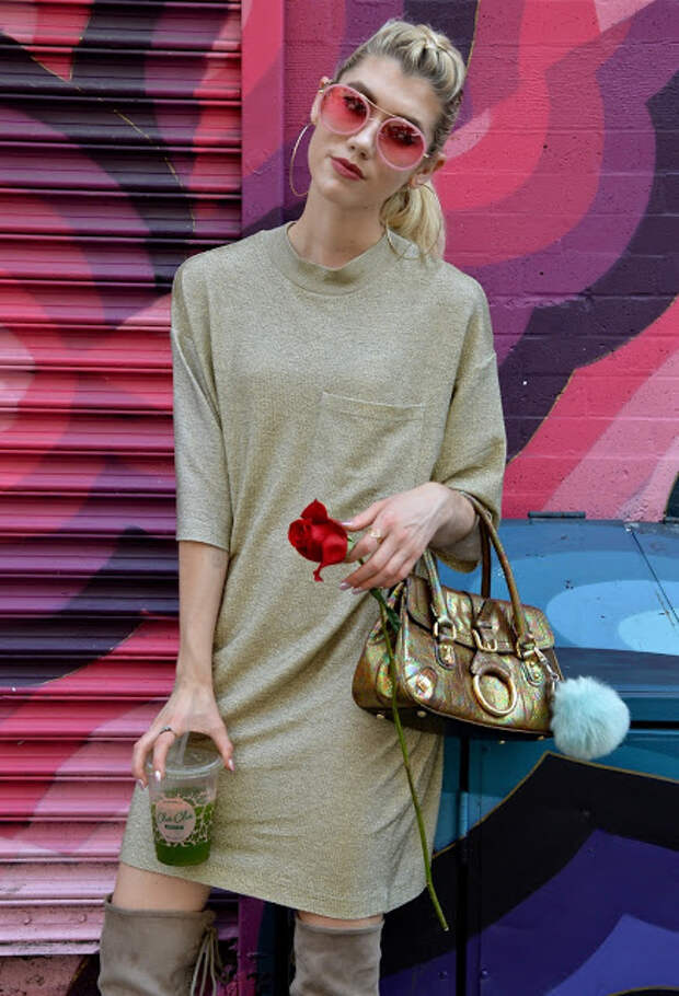 t shirt dress, metallic, over the knee boots, otk boots, gold, rose, new york street style, street style, fashion week, nyfw
