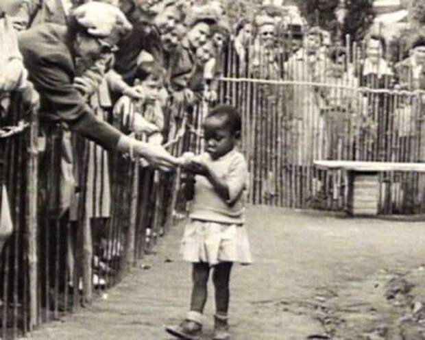 Негритянская девочка в вольере человеческого зоопарка. Брюссель. Бельгия. 1958 год
