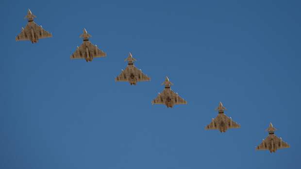 Six Royal Air Force FGR-4 Typhoons prepare to land for Red Flag Las Vegas