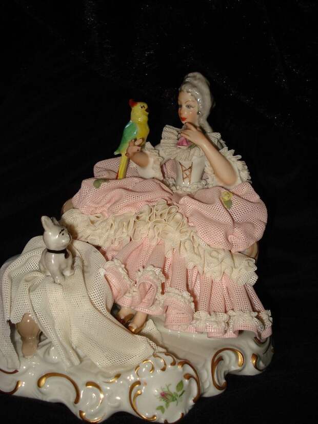 Dresden Lace Figurine Woman With Dog And Parrot -- Dresden Crown Logo and Germany stamp.