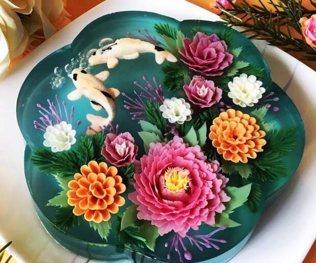 Художник-кондитер создает 3D-торты из желе, цветущие на тарелке еда, желе, красота, торт, цветы
