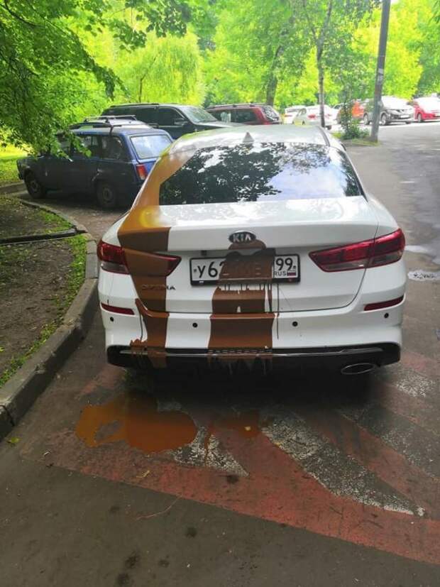 В Москве неправильно припаркованную Kia облили краской