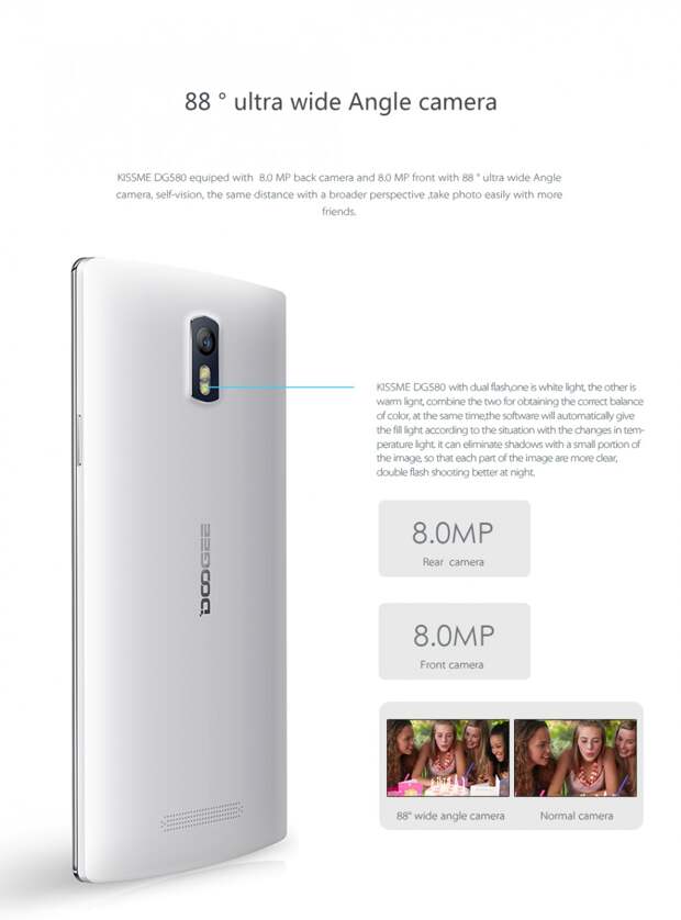 смартфон Doogee KISSME DG580 ..экран 5.5 дюймов ..память 1Gb/8Gb ..камера 8Mp ..аккумулятор 2500mAh