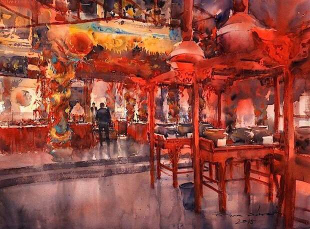 Китайский храм в Бангкоке, Чайнатаун. Акварельная живопись. Таиландский художник Дирек Кингнок (Direk Kingnok).