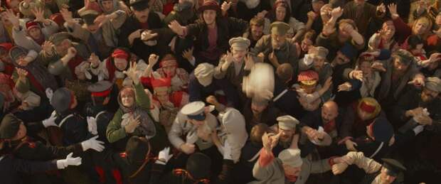 Кадр из фильма "Матильда", момент, когда подарки стали кидать в толпу.