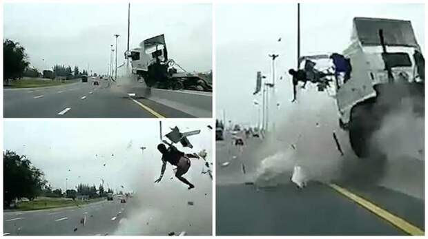 Видео: водителя грузовика вышвыривает из кабины в момент жуткой аварии ynews, авария, авто дтп, врезался, вылетел из машины, грузовик занесло, ремень безопасности, таиланд